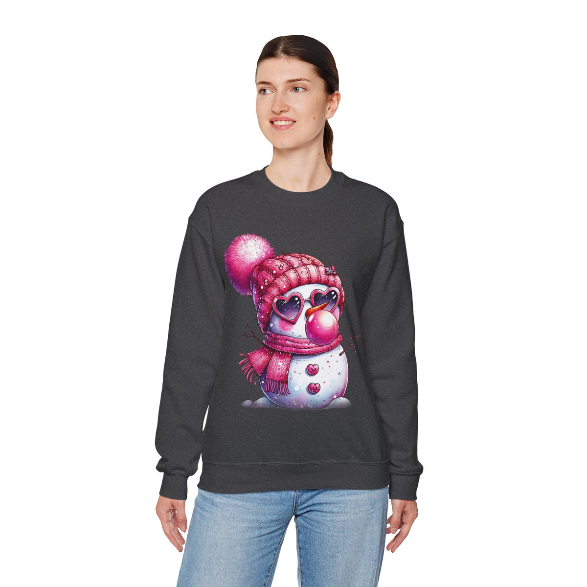 Pink Girly Snowman with Heart Sunglasses and Bubblegum - Winter – Gildan Heavy Blend | Trendy Women’s Soft Sweatshirt. Direct to Garment. Printed & Shipped in the USA. Unisex Sizes.