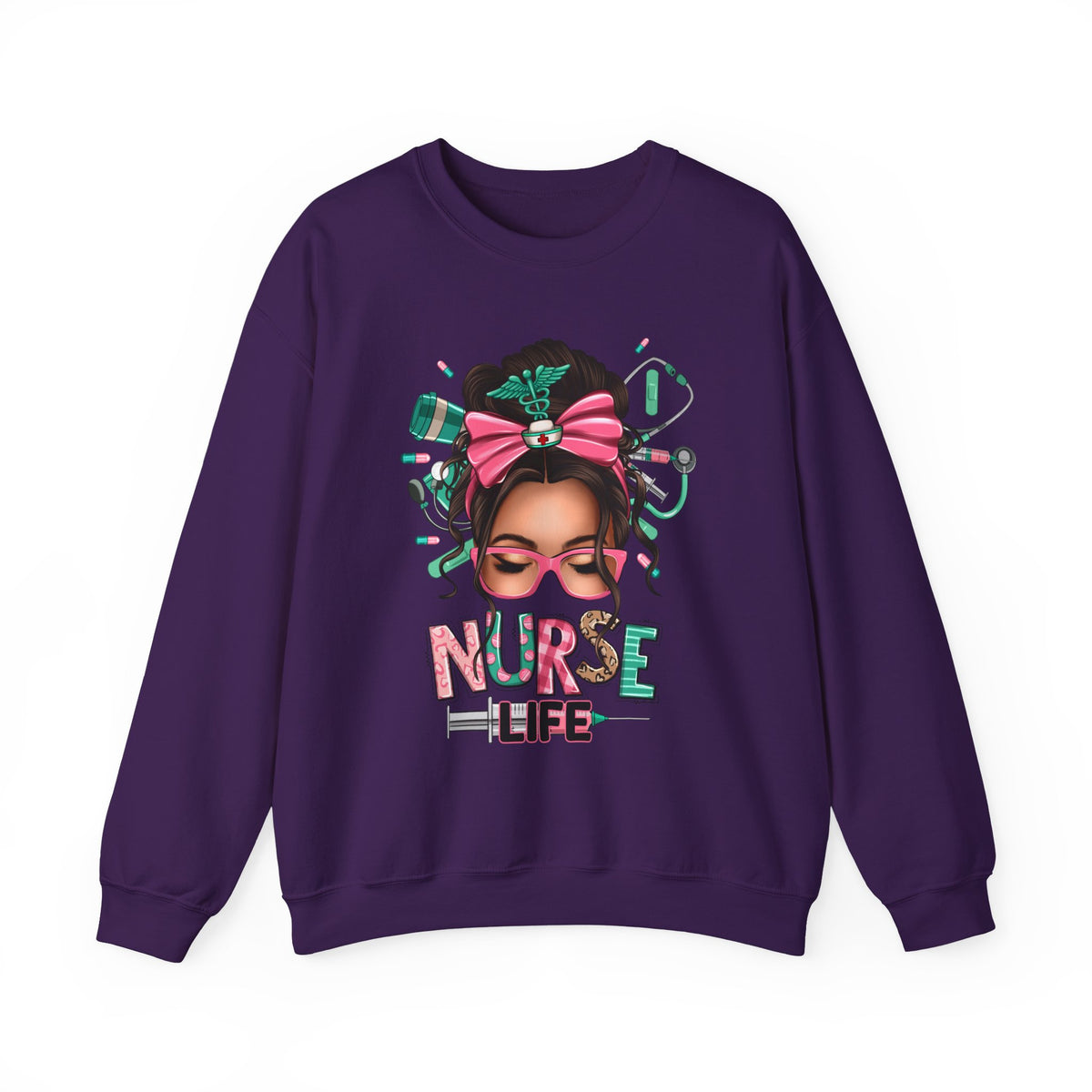 Nurse Life Messy Bun, Cute Stethescope & Syringe – Gildan Heavy Blend | Trendy Women’s Soft Sweatshirt. Direct to Garment. Printed & Shipped in the USA. Unisex Sizes.
