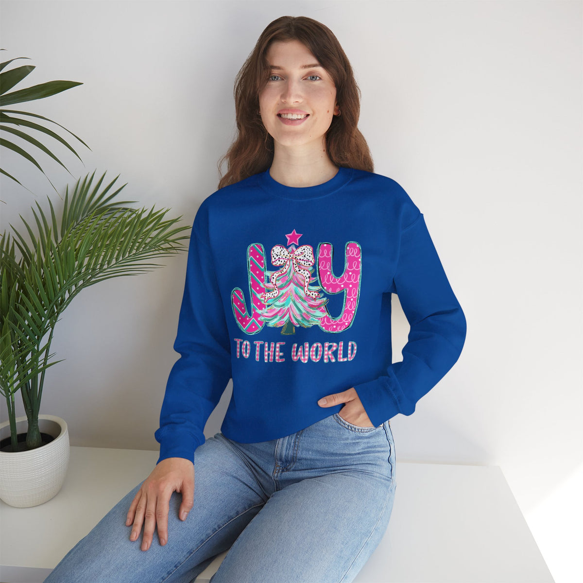 Joy to the World w/Christmas Tree Pink and Teal – Gildan Heavy Blend | Trendy Women’s Soft Sweatshirt. Direct to Garment. Printed & Shipped in the USA. Unisex Sizes.