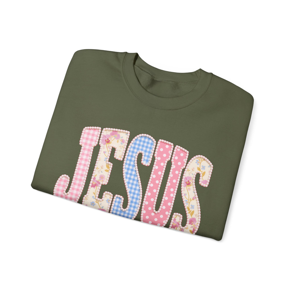 JESUS Pastel Faux Patchwork – Gildan Heavy Blend | Trendy Women’s Soft Sweatshirt. Direct to Garment. Printed & Shipped in the USA. Unisex Sizes.