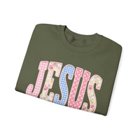 JESUS Pastel Faux Patchwork – Gildan Heavy Blend | Trendy Women’s Soft Sweatshirt. Direct to Garment. Printed & Shipped in the USA. Unisex Sizes.