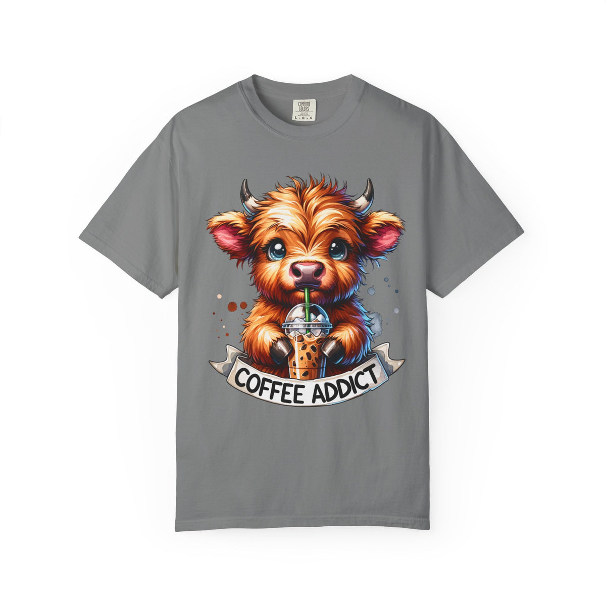 Coffee Addict Highland Cow Drinking Iced Coffee - Comfort Colors | Trendy Women's T-Shirt. Direct to Garment. Printed & Shipped in the USA. Unisex Sizes.