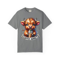 Coffee Addict Highland Cow Drinking Iced Coffee - Comfort Colors | Trendy Women's T-Shirt. Direct to Garment. Printed & Shipped in the USA. Unisex Sizes.