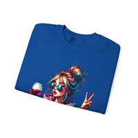 Dramatic Girl With Wine Messy Bun Peace Sign – Gildan Heavy Blend | Trendy Women’s Soft Sweatshirt. Direct to Garment. Printed & Shipped in the USA. Unisex Sizes.