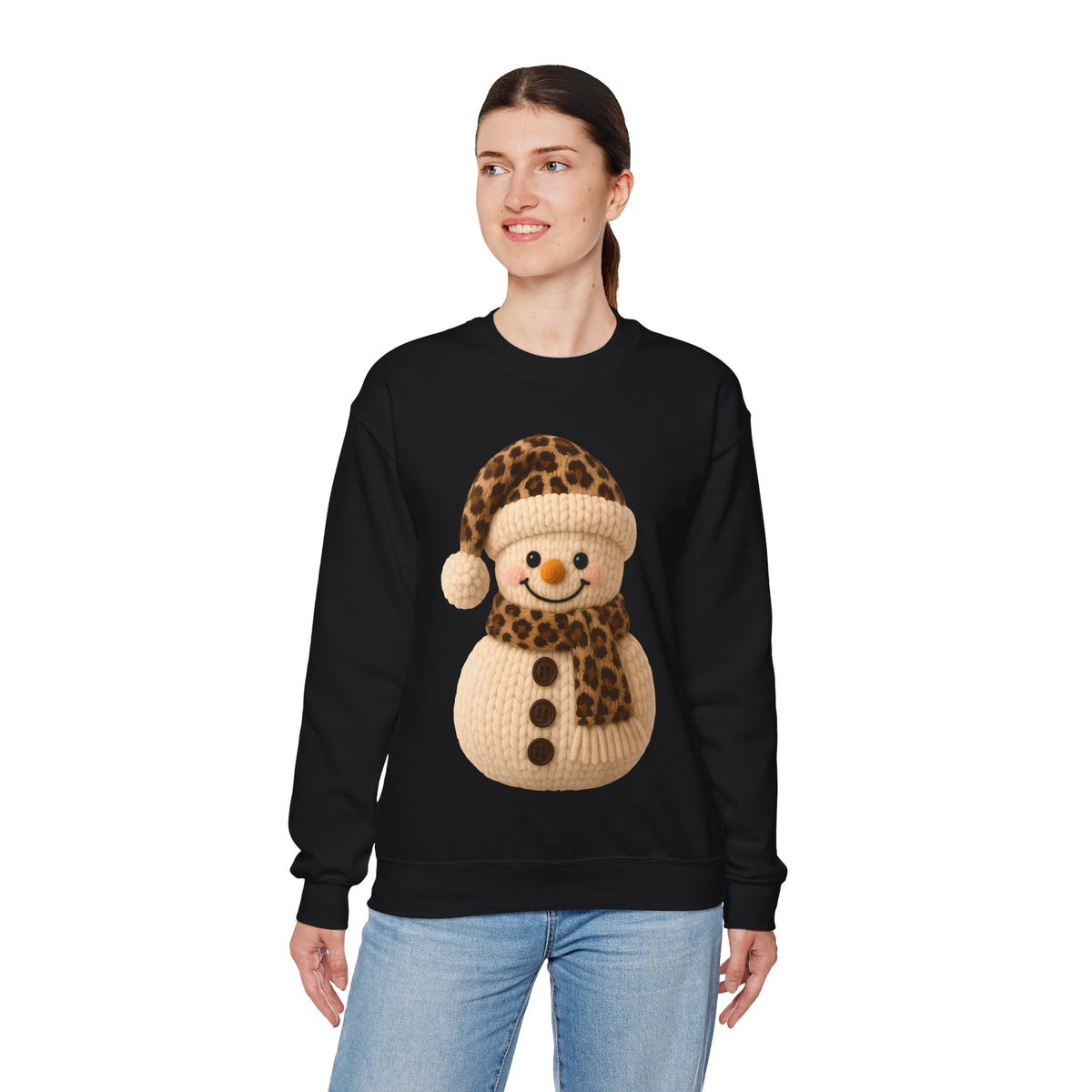 Cute Leopard Faux Knit Snowman Winter – Gildan Heavy Blend | Trendy Women’s Soft Sweatshirt. Direct to Garment. Printed & Shipped in the USA. Unisex Sizes.