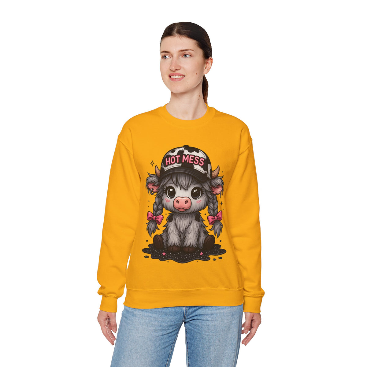 Cute Highland Cow 'Hot Mess' In Braids – Gildan Heavy Blend | Trendy Women’s Soft Sweatshirt. Direct to Garment. Printed & Shipped in the USA. Unisex Sizes.