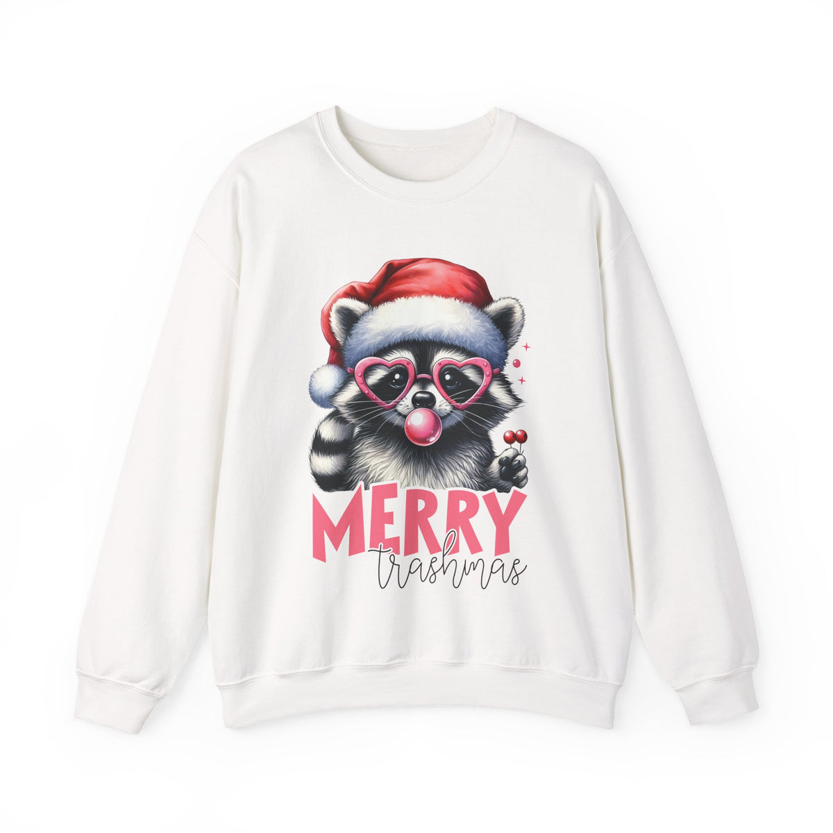 Merry Trashmas Bubblegum Raccoon w/Santa Hat Christmas – Gildan Heavy Blend | Trendy Women’s Soft Sweatshirt. Direct to Garment. Printed & Shipped in the USA. Unisex Sizes.