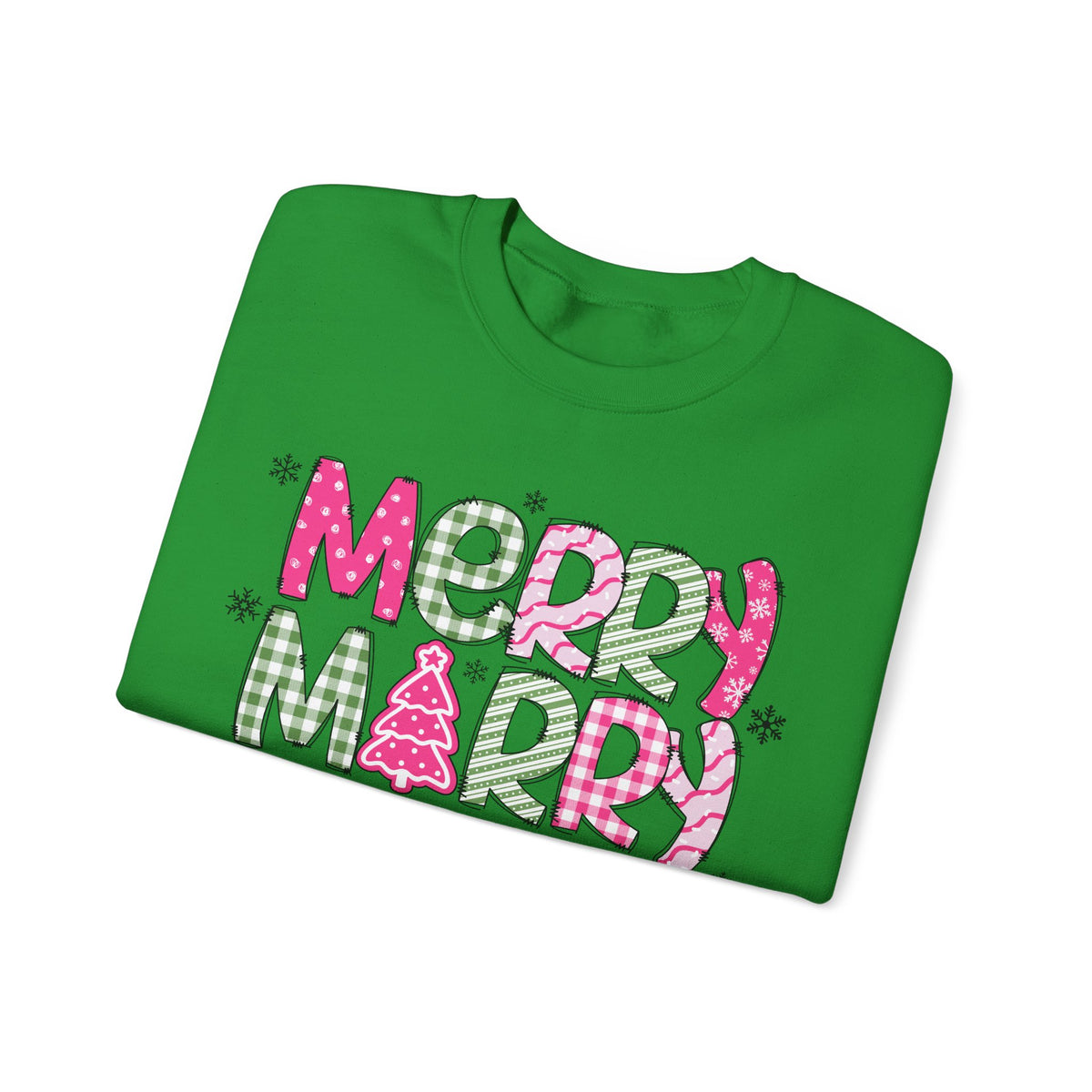 Merry Merry Merry Christmas Festive Candy Cane - Pink and Green – Gildan Heavy Blend | Trendy Women’s Soft Sweatshirt. Direct to Garment. Printed & Shipped in the USA. Unisex Sizes.