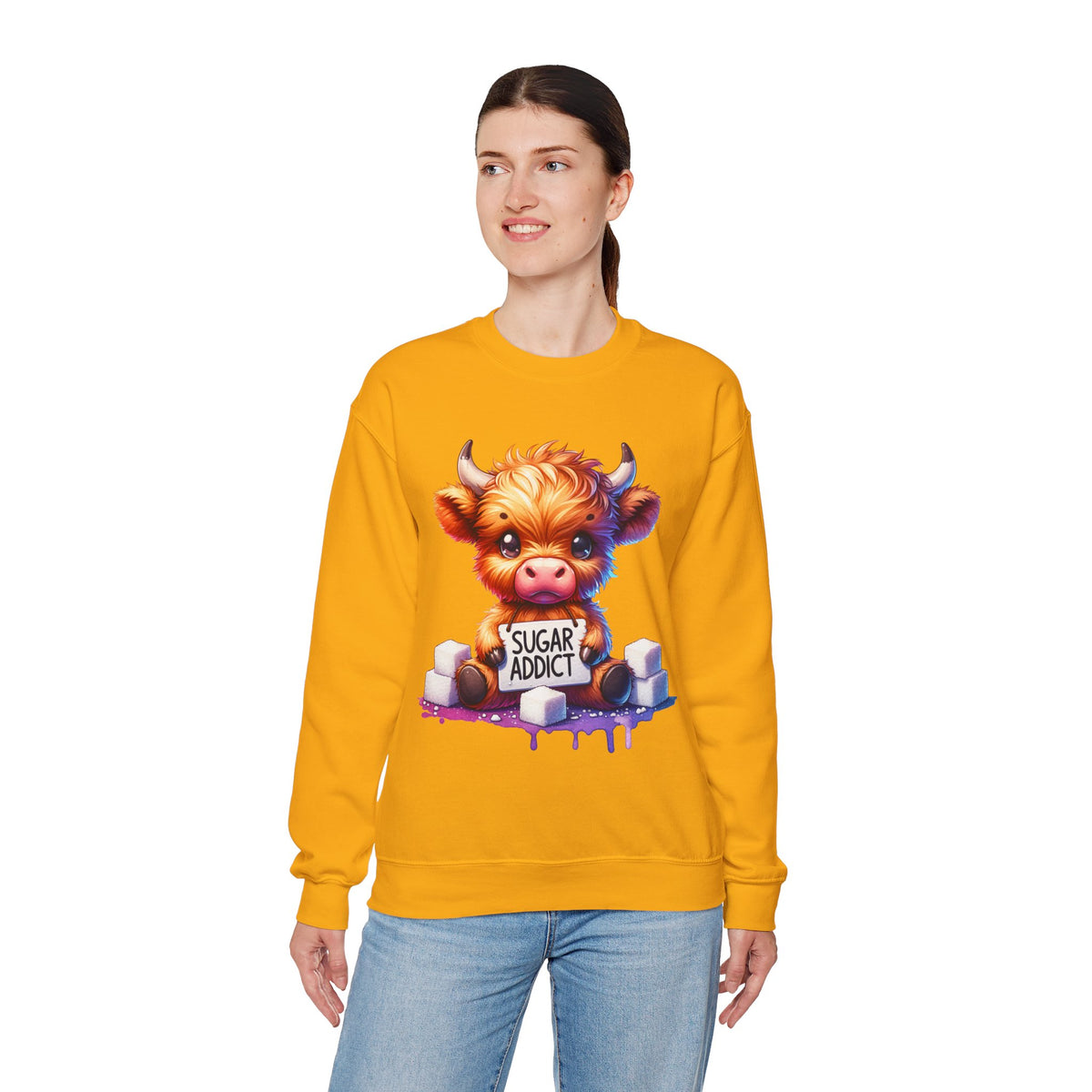 Sugar Addict Highland Cow – Gildan Heavy Blend | Trendy Women’s Soft Sweatshirt. Direct to Garment. Printed & Shipped in the USA. Unisex Sizes.