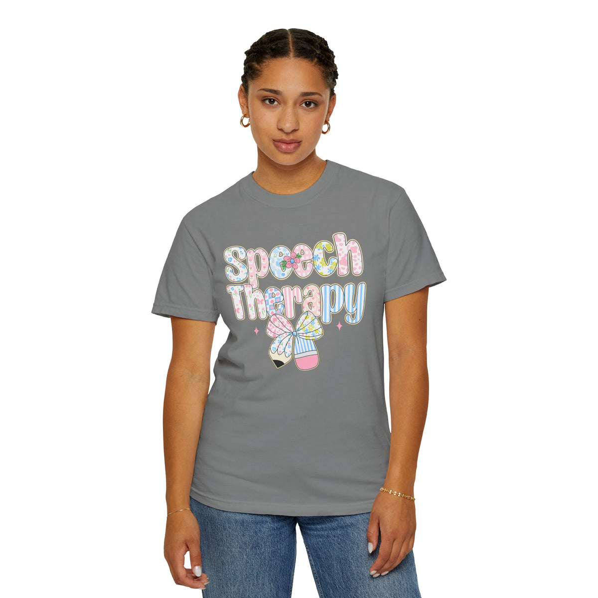 Speech Therapy - Pink Blue Coquette - Comfort Colors | Trendy Women's T-Shirt. Direct to Garment. Printed & Shipped in the USA. Unisex Sizes.