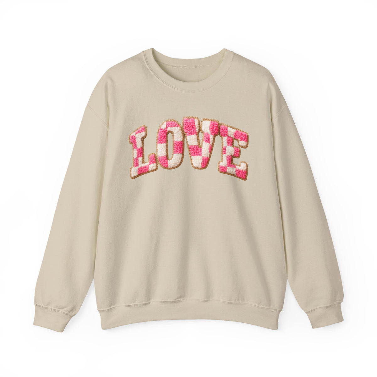 Faux Crochet Checkered LOVE – Gildan Heavy Blend | Trendy Women’s Soft Sweatshirt. Direct to Garment. Printed & Shipped in the USA. Unisex Sizes.