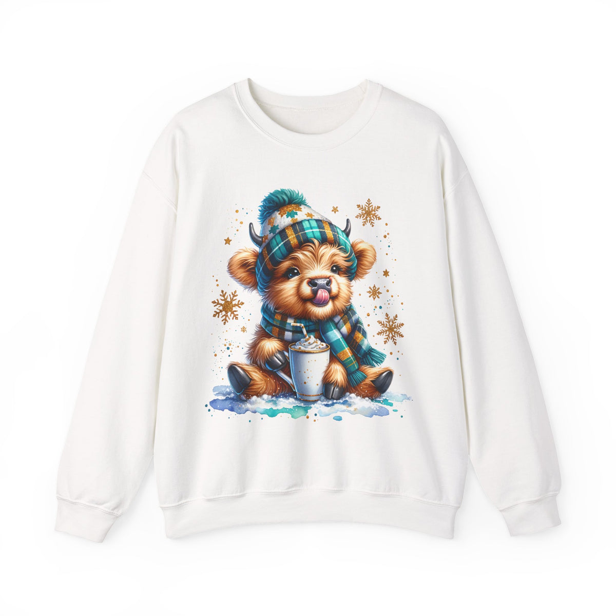 Winter Baby Highland Cow with Cocoa – Gildan Heavy Blend | Trendy Women’s Soft Sweatshirt. Direct to Garment. Printed & Shipped in the USA. Unisex Sizes.