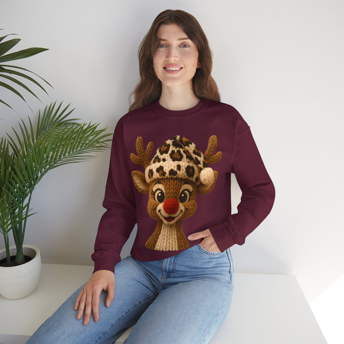 Rudolph Reindeer Leopard Santa Hat Christmas – Gildan Heavy Blend | Trendy Women’s Soft Sweatshirt. Direct to Garment. Printed & Shipped in the USA. Unisex Sizes.