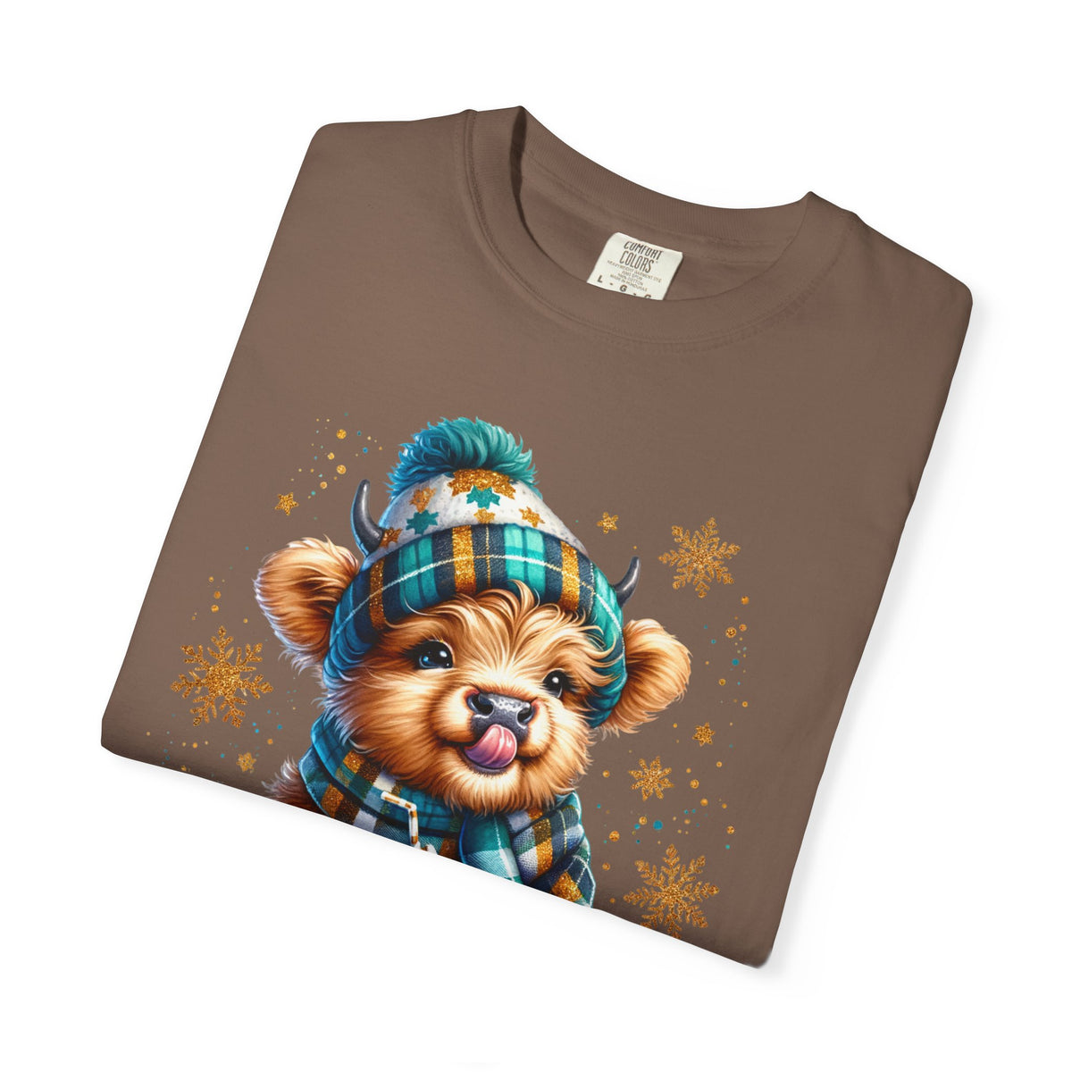 Winter Baby Highland Cow with Cocoa  - Comfort Colors | Trendy Women's T-Shirt. Direct to Garment. Printed & Shipped in the USA. Unisex Sizes.