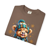 Winter Baby Highland Cow with Cocoa  - Comfort Colors | Trendy Women's T-Shirt. Direct to Garment. Printed & Shipped in the USA. Unisex Sizes.