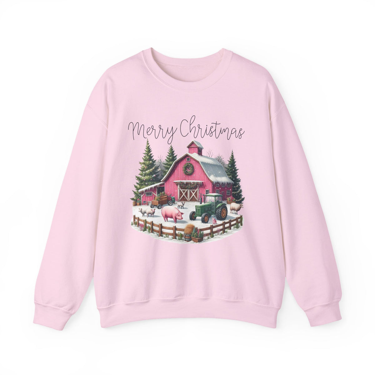 Merry Christmas Pink Barn Farm Animals – Gildan Heavy Blend | Trendy Women’s Soft Sweatshirt. Direct to Garment. Printed & Shipped in the USA. Unisex Sizes.