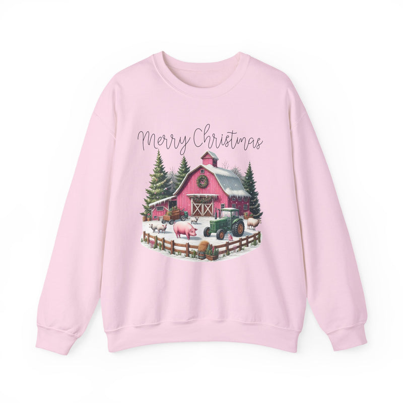 Merry Christmas Pink Barn Farm Animals – Gildan Heavy Blend | Trendy Women’s Soft Sweatshirt. Direct to Garment. Printed & Shipped in the USA. Unisex Sizes.