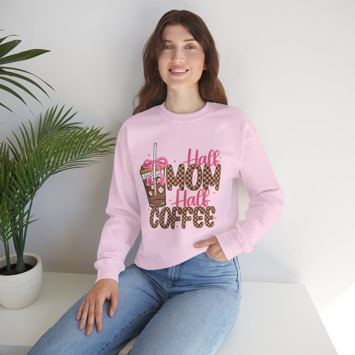 Half Mom Half Coffee, Cute Leopard Print Coffee Design – Gildan Heavy Blend | Trendy Women’s Soft Sweatshirt. Direct to Garment. Printed & Shipped in the USA. Unisex Sizes.