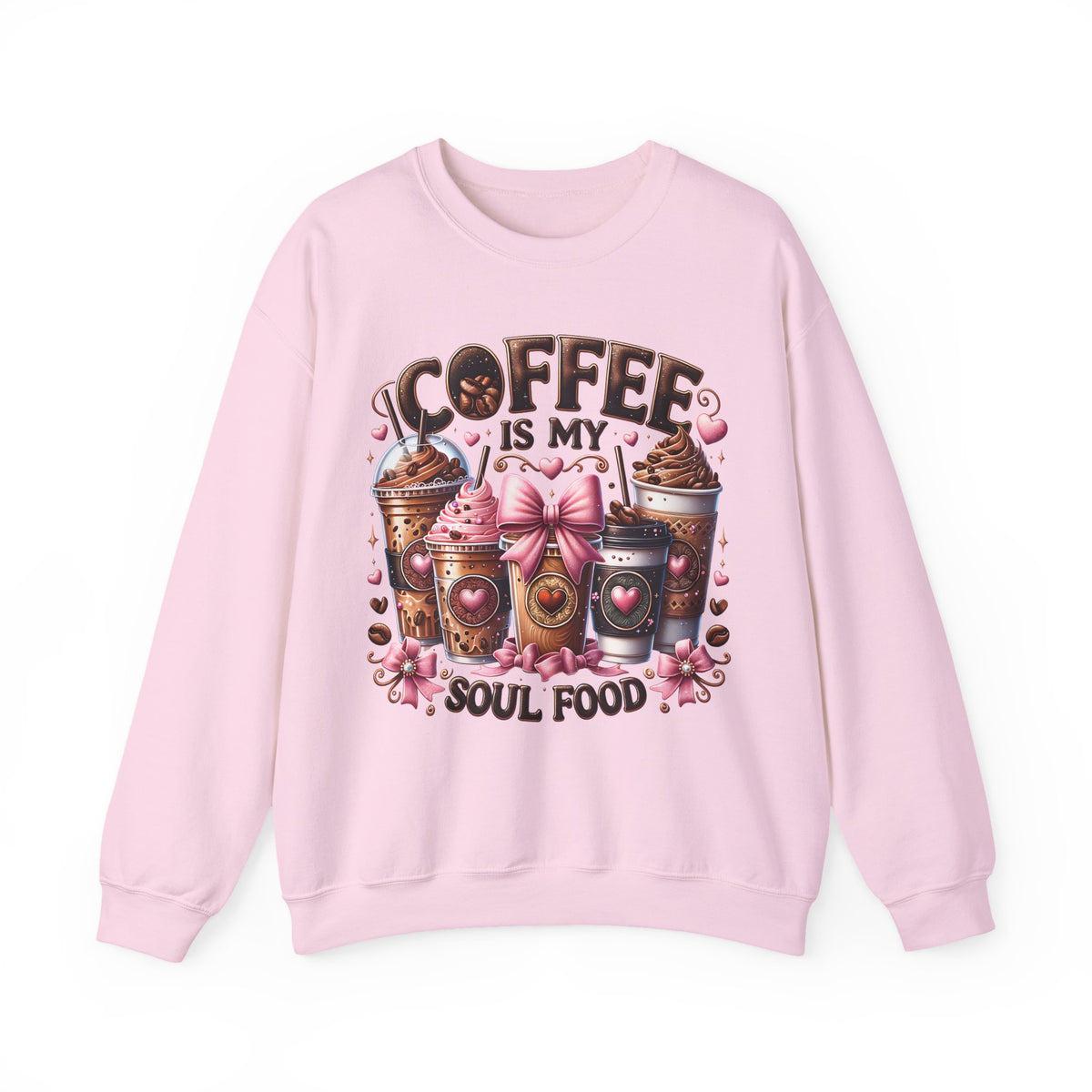 Coffee Is My Soul Food, Iced Coffee, Pink Bow – Gildan Heavy Blend | Trendy Women’s Soft Sweatshirt. Direct to Garment. Printed & Shipped in the USA. Unisex Sizes.