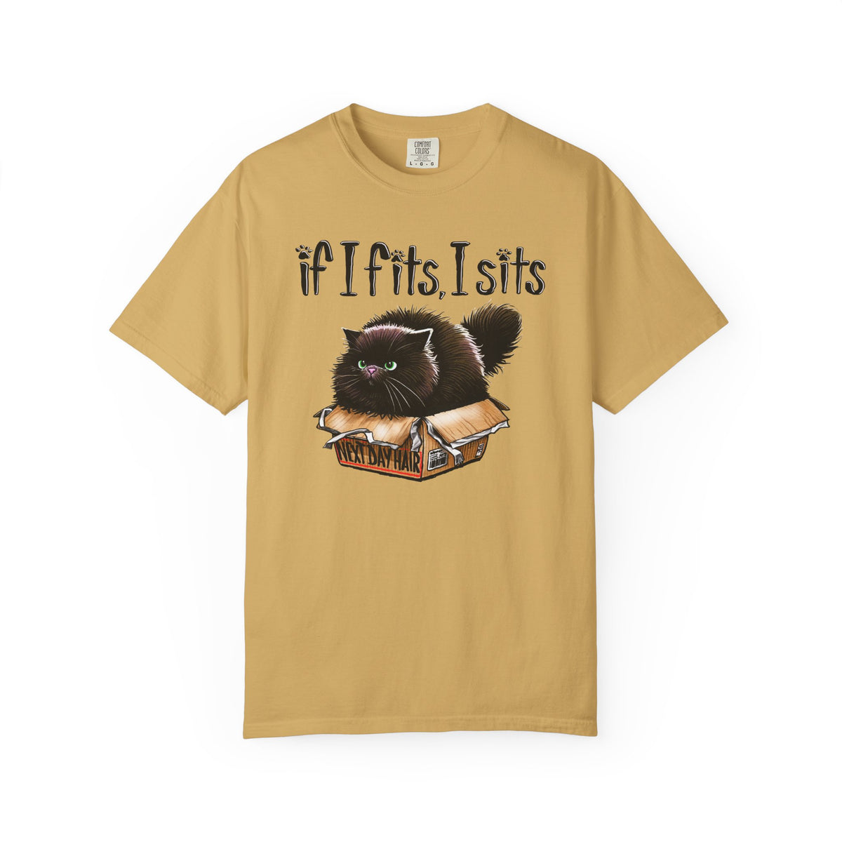 If I Fits I Sits, Cat in a Box - Comfort Colors | Trendy Women's and Men's T-Shirt. Direct to Garment. Printed & Shipped in the USA. Unisex Sizes.