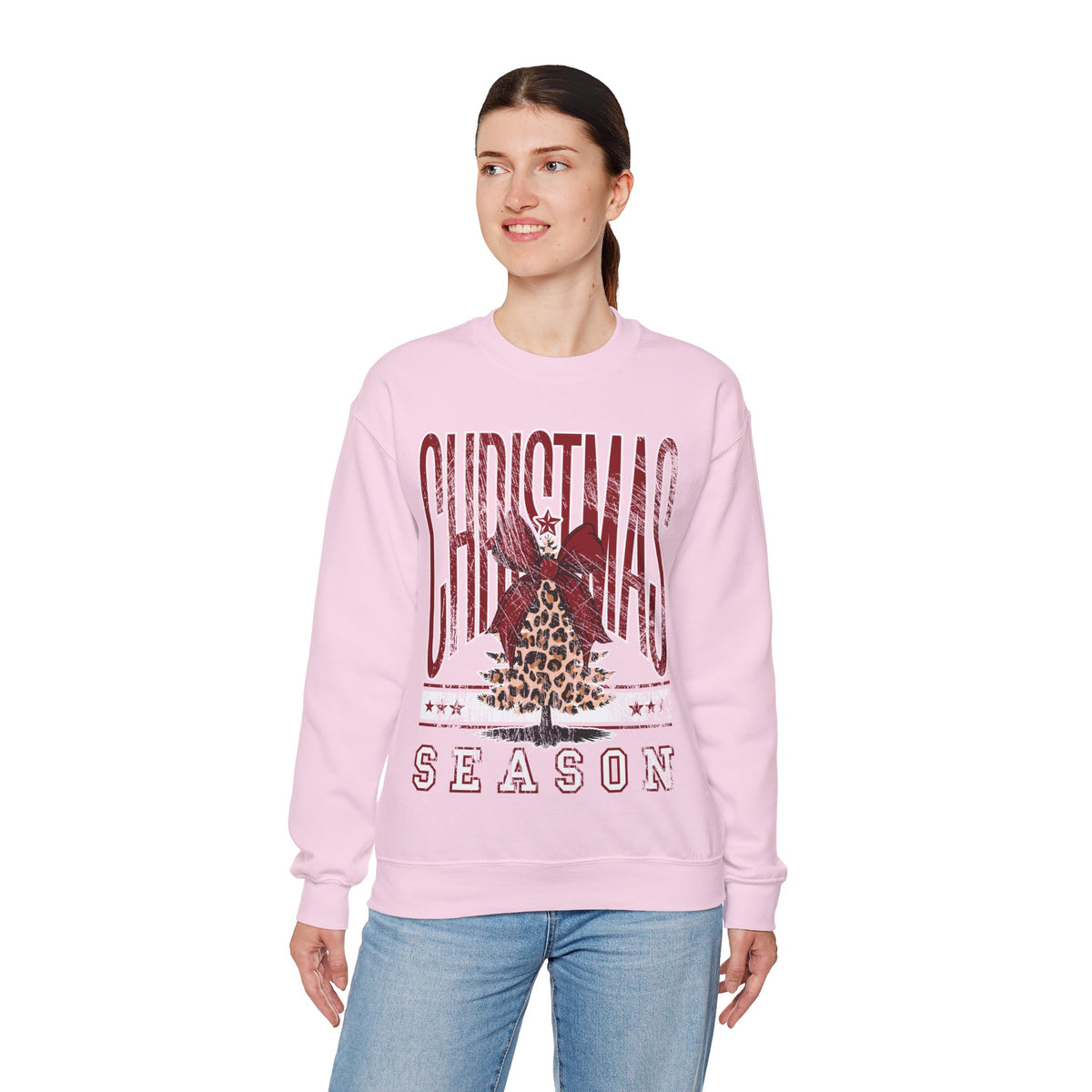Christmas Season Leopard Tree Distressed – Gildan Heavy Blend | Trendy Women’s Soft Sweatshirt. Direct to Garment. Printed & Shipped in the USA. Unisex Sizes.