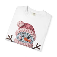 Cute Yarn Snowman - Pink Scarf - Comfort Colors | Trendy Women's T-Shirt. Direct to Garment. Printed & Shipped in the USA. Unisex Sizes.