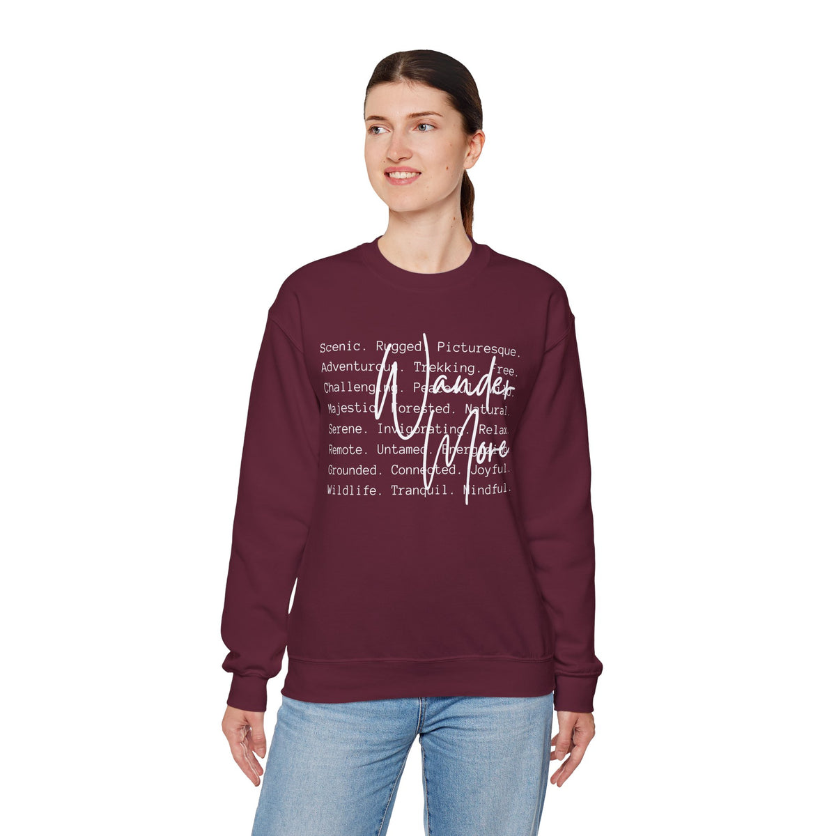 Wander More, Scenic Adventure Typography – Gildan Heavy Blend | Trendy Men's and Women’s Soft Sweatshirt. Direct to Garment. Printed & Shipped in the USA. Unisex Sizes.