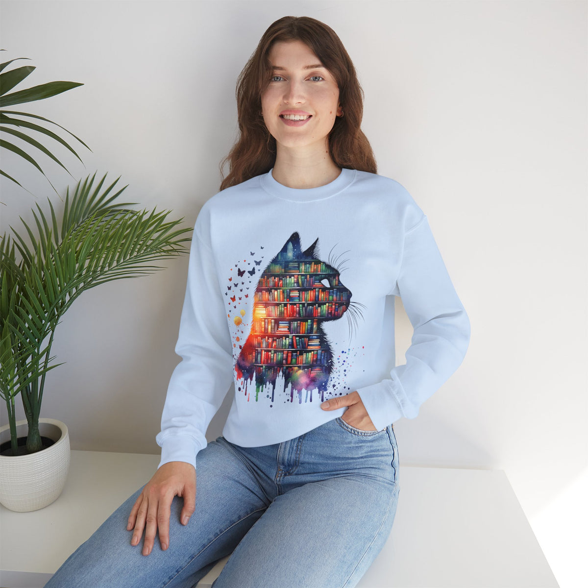 Cat Silhouette for Book Lovers – Gildan Heavy Blend | Trendy Women’s Soft Sweatshirt. Direct to Garment. Printed & Shipped in the USA. Unisex Sizes.