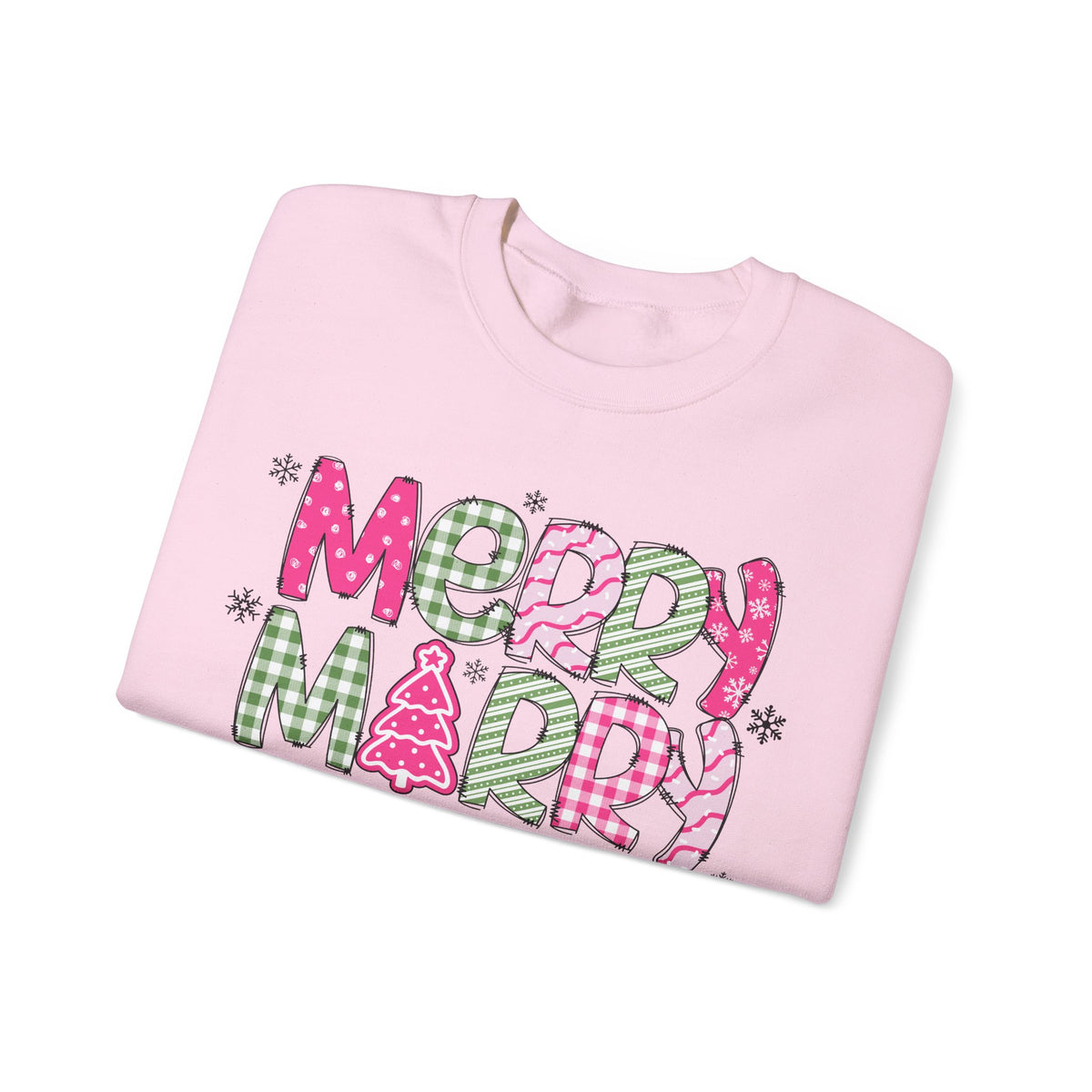 Merry Merry Merry Christmas Festive Candy Cane - Pink and Green – Gildan Heavy Blend | Trendy Women’s Soft Sweatshirt. Direct to Garment. Printed & Shipped in the USA. Unisex Sizes.