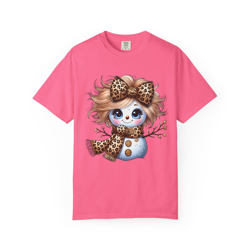 Snowgirl Cute Leopard Bow Snowman. Winter Cozy - Comfort Colors | Trendy Women's T-Shirt. Direct to Garment. Printed & Shipped in the USA. Unisex Sizes.