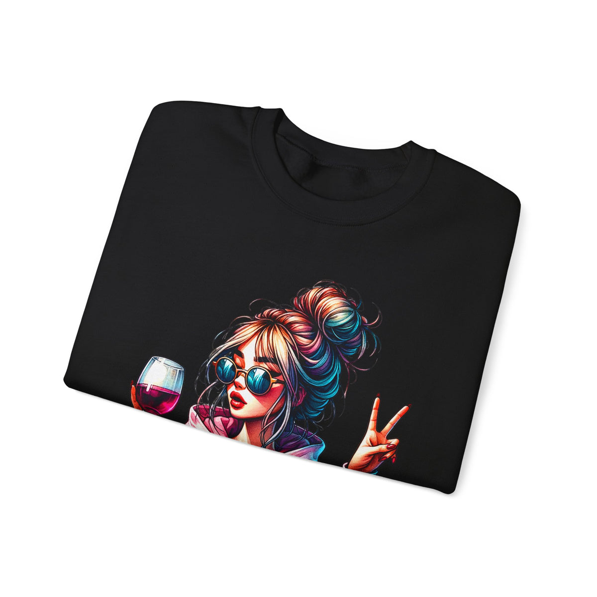 Dramatic Girl With Wine Messy Bun Peace Sign – Gildan Heavy Blend | Trendy Women’s Soft Sweatshirt. Direct to Garment. Printed & Shipped in the USA. Unisex Sizes.