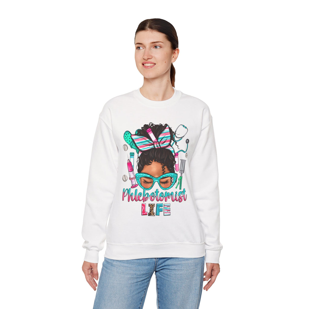Phlebotomist Life, Messy Bun – Gildan Heavy Blend | Trendy Women’s Soft Sweatshirt. Direct to Garment. Printed & Shipped in the USA. Unisex Sizes.