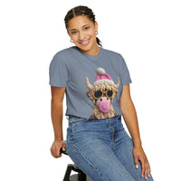 Faux Crochet Highland Cow Bubblegum - Comfort Colors | Trendy Women's T-Shirt. Direct to Garment. Printed & Shipped in the USA. Unisex Sizes.