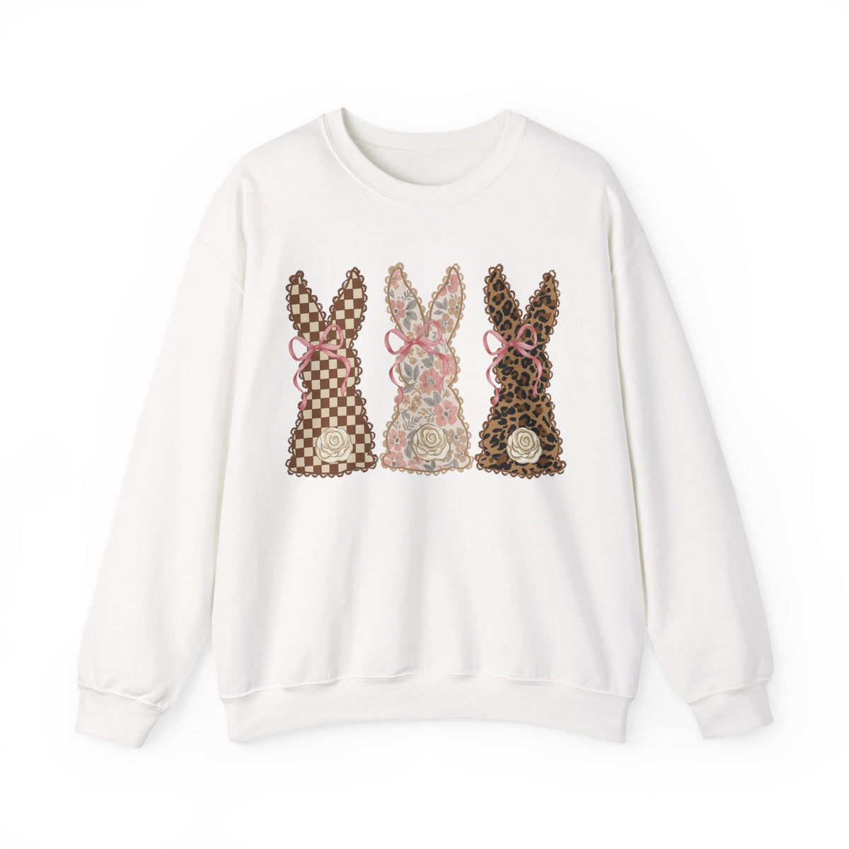 Easter Bunny Trio - Checkered, Floral & Leopard – Gildan Heavy Blend | Trendy Women’s Soft Sweatshirt. Direct to Garment. Printed & Shipped in the USA. Unisex Sizes.