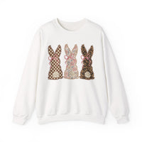Easter Bunny Trio - Checkered, Floral & Leopard – Gildan Heavy Blend | Trendy Women’s Soft Sweatshirt. Direct to Garment. Printed & Shipped in the USA. Unisex Sizes.