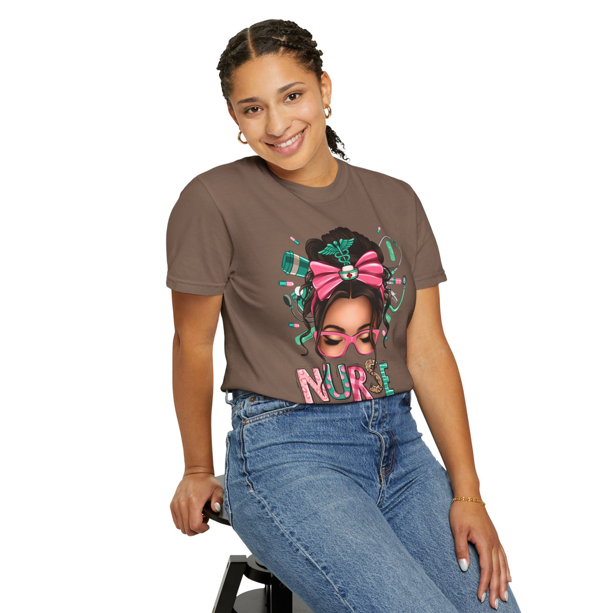 Nurse Life Messy Bun, Cute Stethoscope & Syringe - Comfort Colors | Trendy Women's T-Shirt. Direct to Garment. Printed & Shipped in the USA. Unisex Sizes.