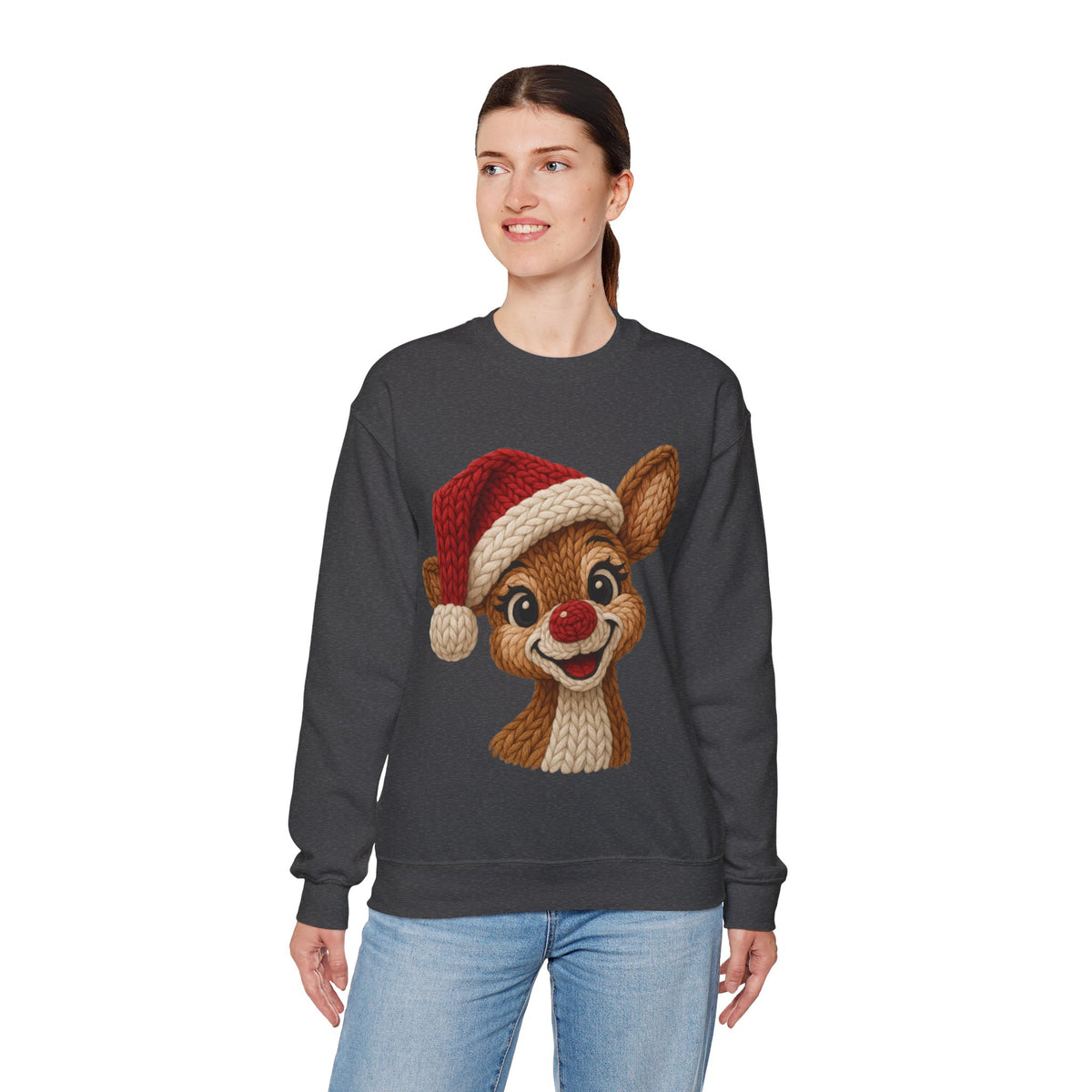 Cute Rudolph Faux Knit Look Reindeer w/Santa Hat – Gildan Heavy Blend | Trendy Women’s Soft Sweatshirt. Direct to Garment. Printed & Shipped in the USA. Unisex Sizes.