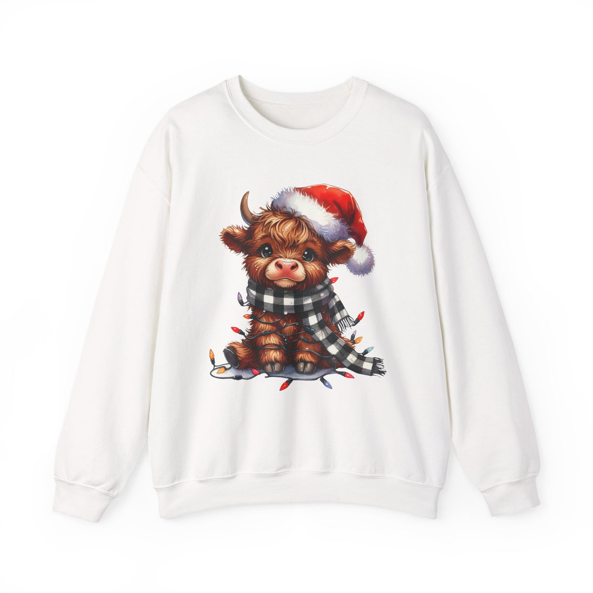 Cute Highland Cow Santa Hat Scarf Christmas Lights – Gildan Heavy Blend | Trendy Women’s Soft Sweatshirt. Direct to Garment. Printed & Shipped in the USA. Unisex Sizes.