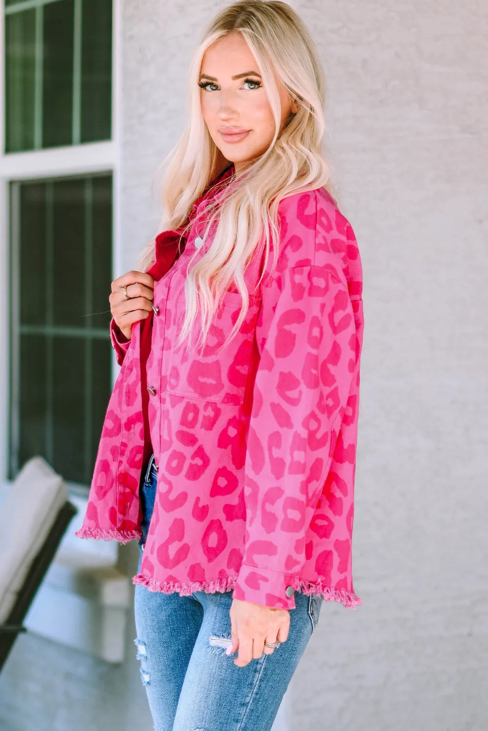 Vibrant Pink Leopard Print Lightweight Jean Jacket with Raw Hem