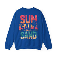 Sun Salt Sand, Beach Sunset - Front & Back Print – Gildan Heavy Blend | Trendy Women’s and Men's Soft Sweatshirt. Direct to Garment. Printed & Shipped in the USA. Unisex Sizes.