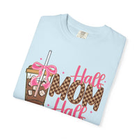 Half Mom Half Coffee. Cute Leopard Print Coffee Design - Comfort Colors | Trendy Women's T-Shirt. Direct to Garment. Printed & Shipped in the USA. Unisex Sizes.