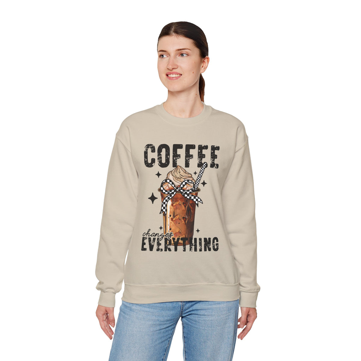 Coffee Changes Everything, Iced Coffee, Coffee Lovers – Gildan Heavy Blend | Trendy Women’s Soft Sweatshirt. Direct to Garment. Printed & Shipped in the USA. Unisex Sizes.