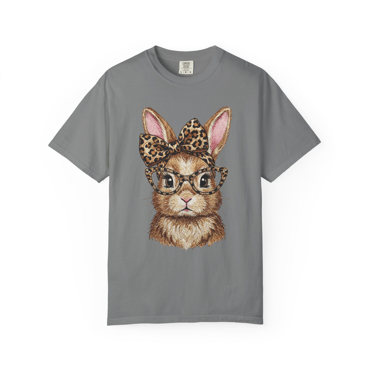 Bunny with Leopard Bow and Glasses - Comfort Colors | Trendy Women's T-Shirt. Direct to Garment. Printed & Shipped in the USA. Unisex Sizes.