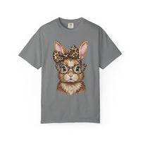 Bunny with Leopard Bow and Glasses - Comfort Colors | Trendy Women's T-Shirt. Direct to Garment. Printed & Shipped in the USA. Unisex Sizes.