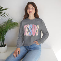 JESUS Pastel Faux Patchwork – Gildan Heavy Blend | Trendy Women’s Soft Sweatshirt. Direct to Garment. Printed & Shipped in the USA. Unisex Sizes.