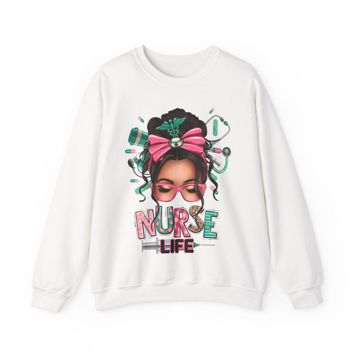 Nurse Life Messy Bun, Cute Stethoscope & Syringe – Gildan Heavy Blend | Trendy Women’s Soft Sweatshirt. Direct to Garment. Printed & Shipped in the USA. Unisex Sizes.