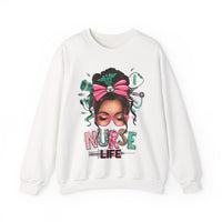 Nurse Life Messy Bun, Cute Stethoscope & Syringe – Gildan Heavy Blend | Trendy Women’s Soft Sweatshirt. Direct to Garment. Printed & Shipped in the USA. Unisex Sizes.