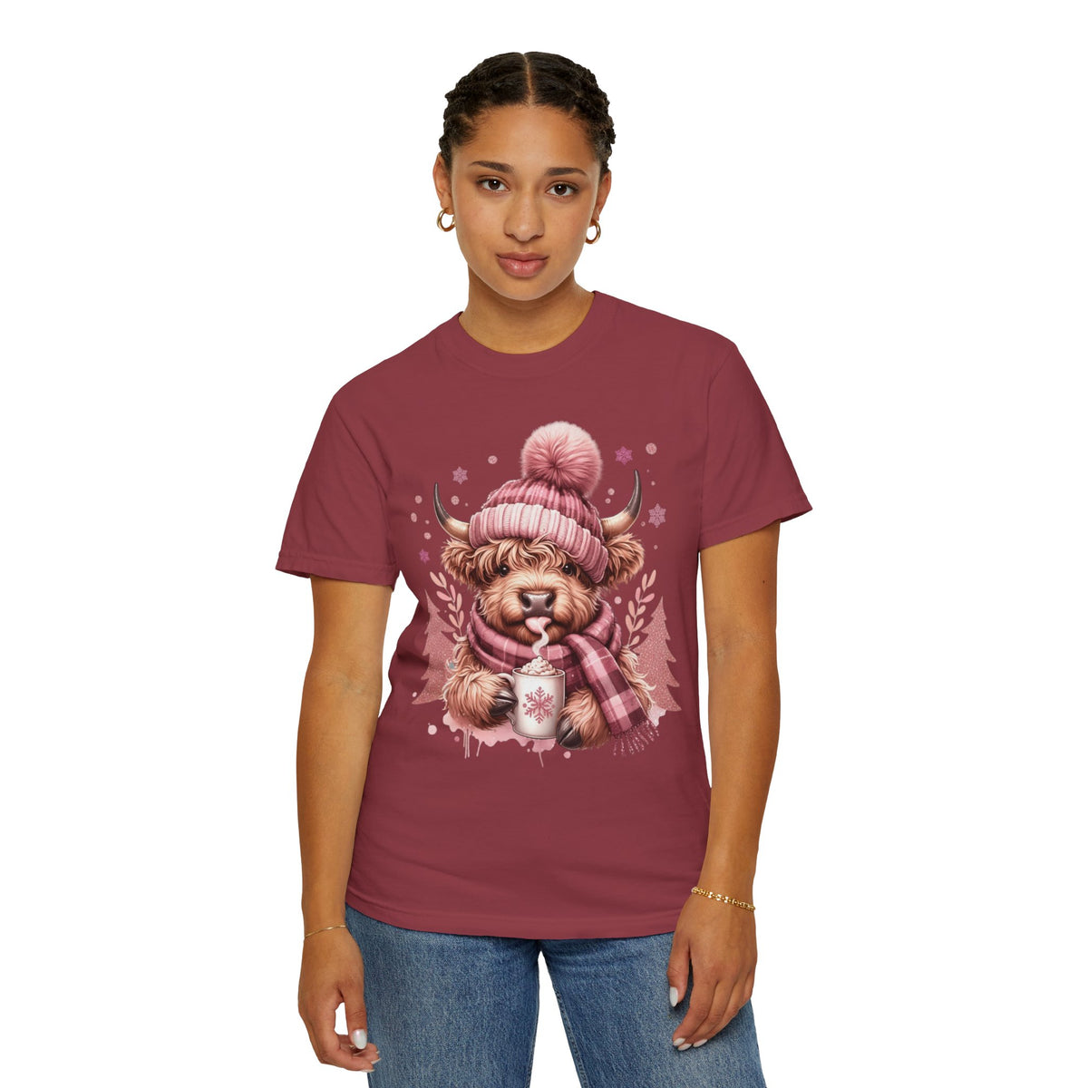Cozy Highland Cow, Winter Coffee Mug & Scarf - Comfort Colors | Trendy Women's T-Shirt. Direct to Garment. Printed & Shipped in the USA. Unisex Sizes.