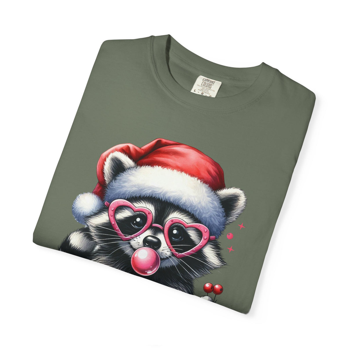 Merry Trashmas Bubblegum Raccoon w/Santa Hat Christmas - Comfort Colors | Trendy Women's T-Shirt. Direct to Garment. Printed & Shipped in the USA. Unisex Sizes.