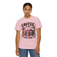 Coffee Is My Soul Food, Iced Coffee, Pink Bow - Comfort Colors | Trendy Women's T-Shirt. Direct to Garment. Printed & Shipped in the USA. Unisex Sizes.